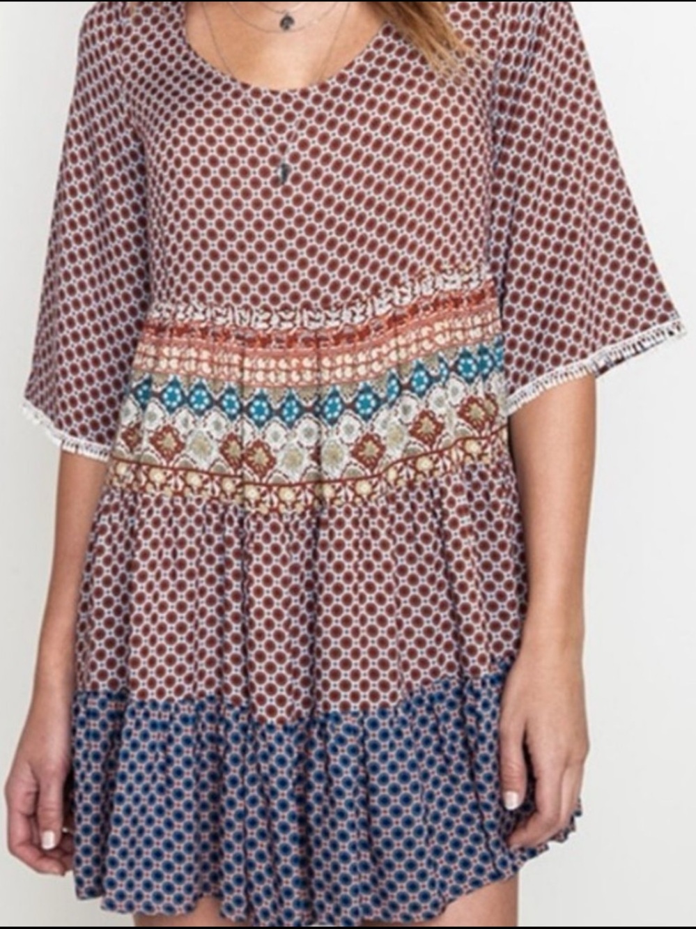 NWT Umgee Mixed Print Tiered Mini Dress in Brick Red, Navy & Teal (008)